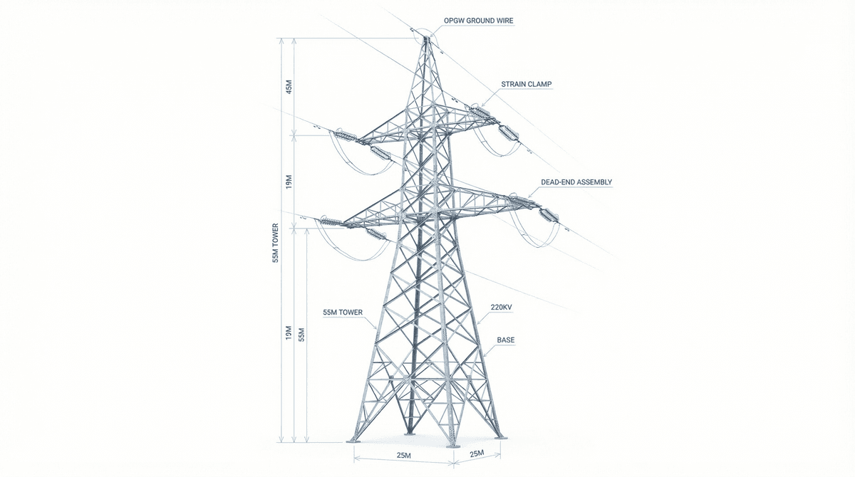 55m 220kV Dead-End Tower - Full-Tension Double-Circuit Steel Lattice Terminal