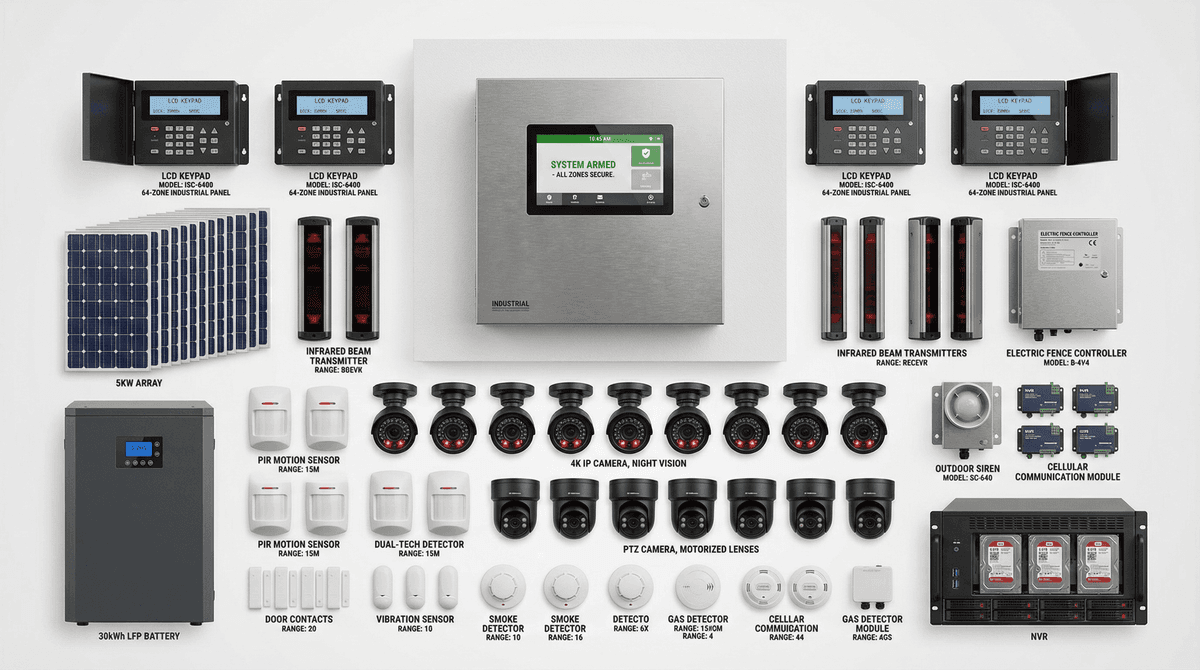 Industrial 64-Zone Full Perimeter Security System - 72-Hour Solar Autonomy