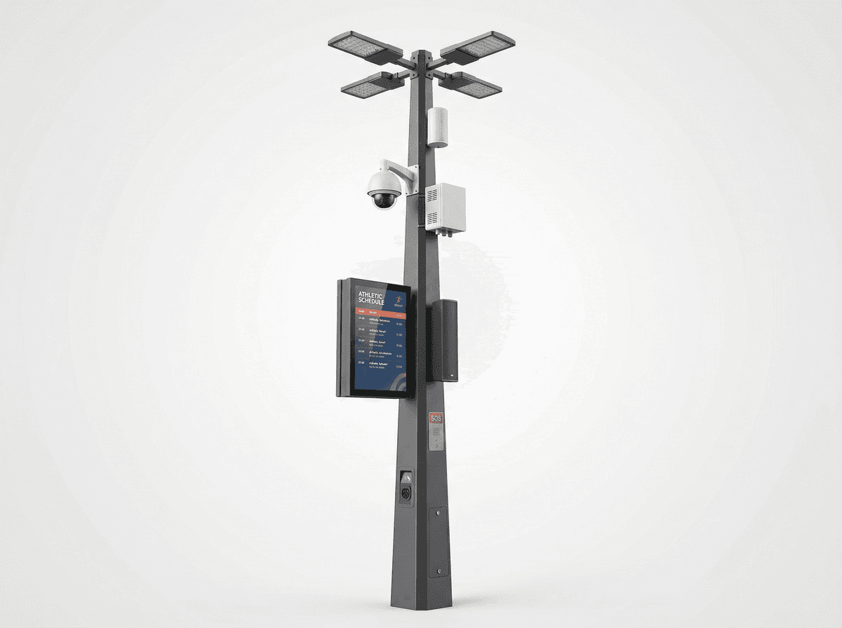 15m Sports Venue High-Mast Smart Pole — 4-in-1 LED + Camera + PA + WiFi