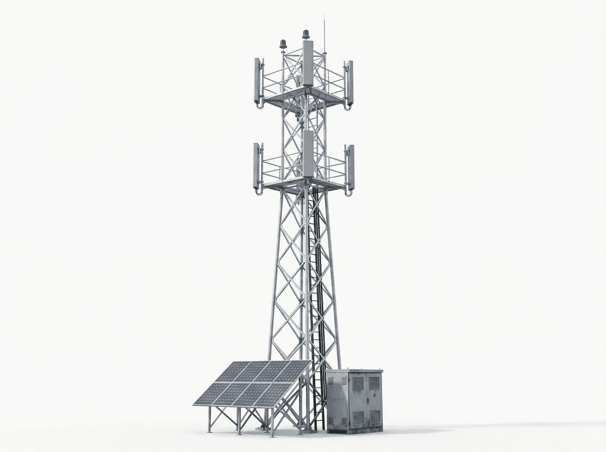 50m Solar-Powered Off-Grid Lattice Tower - 5kW Solar + 30kWh Battery, 9 Antennas, 50 m/s Wind Rated