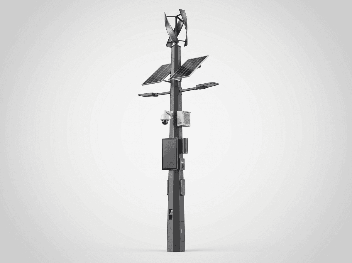 12m Wind-Solar Hybrid Smart Pole with VAWT + Monocrystalline + Welded EV Charging Base - 11-in-1 Hybrid Boulevard System